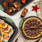 11-Piece Nonstick Bakeware Set, Stackable & Oven-Safe Kitchen Baking Pans with Silicone Handles - Includes Cookie Sheet, Cake Pan, Muffin Tin, Pizza Stone & Bread Loaf Pan, Dark Green&Black