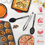 PERLLI Non-Stick 17-Piece Baking Pan Set, BPA-Free Carbon Steel Bakeware Set with Silicone Handles, Stackable Kitchen Oven Set, Cookie Sheet, Baking Tray, Baking Sheet Set, Utensils, Oven Safe (446°F)