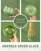 ZENS Matcha Whisk Set, 17oz Ceramic Matcha Set Includes Matcha Bowl and Matcha Cup, Bamboo Whisk & Chasen Holder, Sifter, Scoop & Tea Towel, 7pcs Matcha Kit for Matcha Latte, Emerald Green