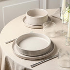 Stone Lain Haven Stoneware 32-Piece Dinnerware Set, Plates and Bowls Sets for 8, Dish Set, Includes Dinner and Salad Plates, Cereal Bowls, Glassware, Microwave & Dishwasher Safe, Beige