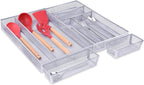 WuGeShop Expandable Silverware Drawer Organizer, Metal Mesh Large Kitchen Flatware Cutlery Tray, Adjustable Kitchen Drawer Organizer for Large Utensils (7+2 Compartment, Silver)