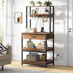 LITTLE TREE Kitchen Baker’s Rack with Power Outlets, Freestanding 5-Tier Microwave Stand with Drawers & Sliding Shelves, Coffee Bar with 6 Hooks for Dining Room Living Room, Rustic Brown