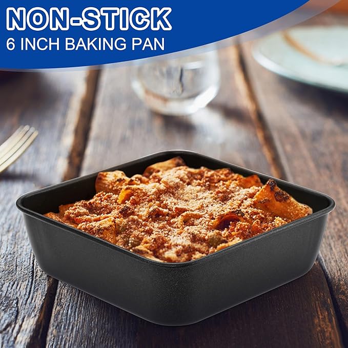 E-far 6 Inch Square Cake Pan Set of 2, Nonstick Small Baking Pan with Stainless Steel Core for Brownies Lasagna Cakes, Non-toxic & Easy Clean, 2 Inch Deep (Black)