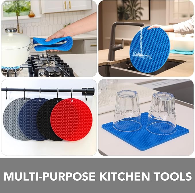 Joyhalo Trivets for Hot Dishes - Hot Pads for Kitchen, Silicone Pot Holders for Hot Pots and Pans, Silicone Mats for Kitchen Countertops, Table, Flexible Easy to Wash and Dry, True Blue