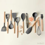 11-Piece Silicone Kitchen Utensils Set with Non Toxic Spatula, Tongs, Whisk, Turner & Ladle – Heat Resistant, Non-Scratch Cooking Tools with Wooden Handles, BPA-Free, Dishwasher Safe (Black)