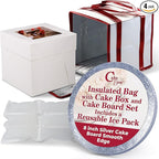 Cakebon Cake Box and Boards, 8-Inch Round Silver Smooth Edges 1/2- Inch Thick Drums with Insulated Bag and Ice Pack – Cake Transport Set, Cooler for Cake Delivery and Transport (1pc Each, 4pcs Total)
