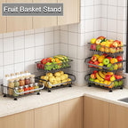 3-Tier Rolling Pantry Floor Organizer, Stackable Pantry Storage Cart with Wheels, Metal Wire Snack Organizers, Kitchen Fruit Basket Stand, Vegetable Storage Rack for Onion Potato Snacks, Black, 2 Pack