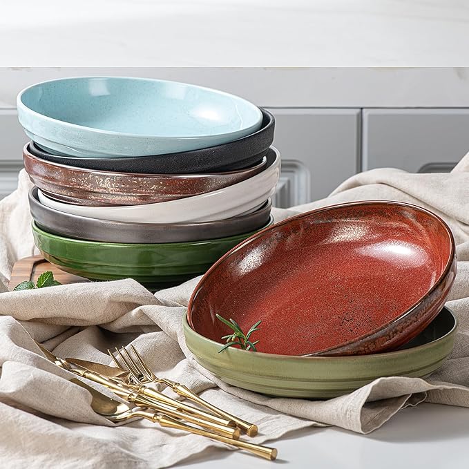 HAPPY KIT Pasta Bowls 42 Oz, Stoneware Reactive Glaze Serving Bowl Set of 4, 9'' Large Salad Bowls for Fruits, Noodle, Dinner, House-warming Wedding Present, Emerald Green