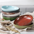 HAPPY KIT Stoneware Pasta Bowl Set of 4, 9'' Large Salad Bowls,42 Oz, Reactive Glaze Serving Bowls, Microwave Dishwasher Safe, Ocean Current Blue