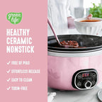 GreenLife 8QT Slow Cooker, Non-Toxic PFAS-Free Ceramic Nonstick Removable Interior Bowl, Programmable, Family Friendly, Keep Warm, Stovetop & Oven Safe, Dishwasher Safe Parts, Timer, Glass Lid, Pink