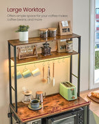 VASAGLE Coffee Bar with LED Lights, Kitchen Bakers Rack with Power Outlet, Microwave Stand with Adjustable Shelves, 8 Hooks, 15.7 x 31.5 x 65.7 Inches, Rustic Brown and Matte Black UKKS050K01