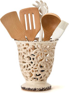 Utensil Holder for Kitchen Counter, Modern Farmhouse Cooking Utensil Holder and Crock Home Kitchen Decor, Ceramic Utensil Organizer for Spatula, Ladle, Eggbeater, Rolling Pin- Beige Antique Design