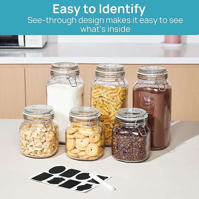 Vtopmart 78oz Glass Food Storage Jars with Airtight Clamp Lids, 3 Pack Large Kitchen Canisters for Flour, Cereal, Coffee, Pasta and Canning, Square Mason Jar with 8 Chalkboard Labels