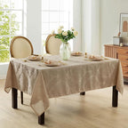 Newbridge Barcelona Luxury Damask Fabric Tablecloth, 70” x 70”, Square, Golden Beige, 100% Polyester, No Iron, Soil Resistant Dining Room, Party and Banquet Table Cover