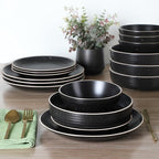 Gibson Home Dinah 16-Piece Matte Black Stoneware Dinnerware Set – Double Bowl, Embossed Speckled Design, Durable Kitchen Dinner Set
