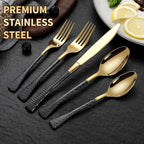 Lemeya Hammered Black Gold Silverware Set,20 Piece Modern Flatware Set Service for 4,Mirror Polished Stainless Steel Cutlery Set Utensil Set Tableware Set,Kitchen Knives Fork Spoon Set,Dishwasher Safe