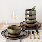 TheTerra Ceramic Dinnerware Sets for 6, 18 Pieces Handmade Reactive Glaze Plates and Bowls Set, Scratch Resistant Dish Set, Oven & Microwave & Dishwasher Safe, Coca Mocha