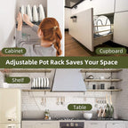 ROOHUA Pot Rack -Expandable Pan Organizer for Cabinet, Lid Holder with 10 Adjustable Compartment for Kitchen Cabinet Cookware Baking Frying Rack