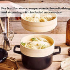 Alva Nori 2.6-Qt Enameled Cast Iron Dutch Oven Steamer Set – Made With No PTFE/PFOA/PFAS, Oven & Induction Safe – 3-Layer Enamel, No Seasoning Needed – Durable, Easy-Clean Cocotte with 2 Steamer Inserts
