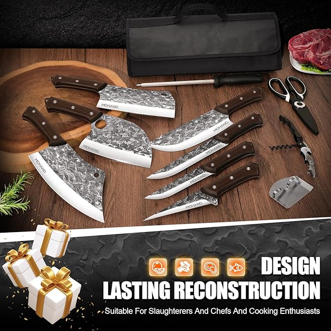 MDHAND 14PCS Professional Butcher Knife Set with Roll Bag, Heavy Duty Meat Cleaver, Boning Knife, Viking Knives, Hand Forged Chef Knife Set, Meat Cutting Knife for Kitchen, Gift for Men, BBQ, Camping