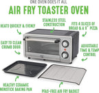 GreenLife Countertop Toaster Oven Air Fryer Stainless Steel, Healthy Ceramic Nonstick, PFAS Free, Tray & Basket, Bake, Broil, Reheat, Adjustable Temp & Time Control, Auto Shutoff, Black