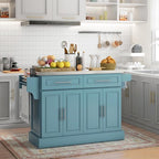 HOMCOM Rolling Kitchen Island Cart with Wheels, Portable Island Table for Kitchen with Stainless Steel Top, Adjustable Shelves, 2 Drawers, Spice, Knife and Towel Rack, Teal Blue