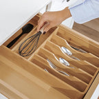 KitchenEdge Silverware Organizer - Cutlery, Flatware, and Utensil Holder for Kitchen Drawers, Fixed 10.5” Width, 7 Storage Compartments, Non-Slip Feet, Rounded Corners, 100% Bamboo