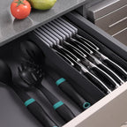 Linoroso Knife Drawer Organizer With In-Drawer Knife Block for 9 Knives, Kitchen Utensil Organizer, BPA Free Secure Storage Tray for Countertop Organization