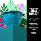 S'well Stainless Steel Salad Bowl Kit 64oz, Peacock Blue, Comes with 2oz Mini Canister and Removable Tray for Organization, Leakproof, Easy to Clean, Dishwasher Safe
