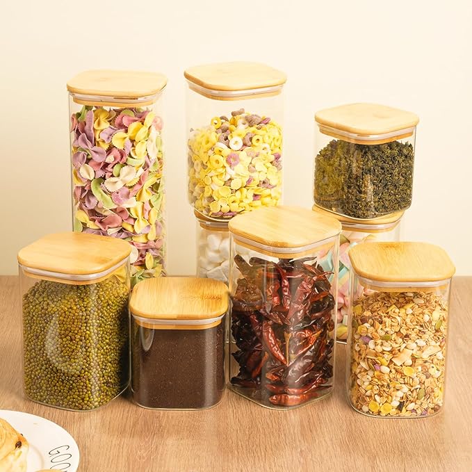 82 Oz Glass Storage Containers with Bamboo Lids, Square Glass Canister Sets Clear Glass Pantry Storage Containers with Lids for Cookie Flour Oat Pasta Tea Coffee Bean, Set of 3
