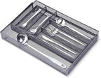 WuGeShop Expandable Mesh Silverware Drawer Organizer, Adjustable Metal Kitchen Cutlery Tray, Flatware Utensil Organizer with Non-slip Rubber Feet (Black, 7 Compartments)