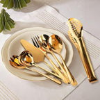 XEVOM Gold Serving Utensils Set, 12 Pack Polished Stainless Steel, Includes Spoons, Forks, Tongs, Ladle, Cake Server (Gold)
