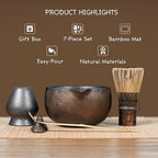 Matcha Whisk Set, 7-Piece Gilded Matcha Set with Ceramic Bowl, Whisk, Wooden Handle Sifter, Large Bamboo Mat and More – Complete Matcha Kit with Gift Box for Matcha Lovers