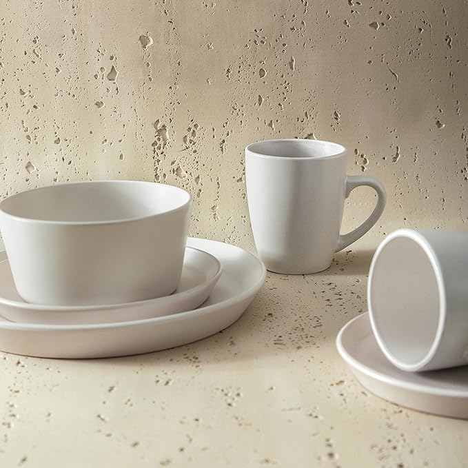 Stone Lain Albie Stoneware 16 Piece Dinnerware Set, Plates and Bowls Sets, Dish Set for 4, White Speckled, Microwave & Dishwasher Safe