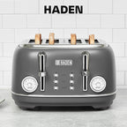 Haden Chelsea 4 Slice Wide Slot Toaster with Adjustable Browning Control, Grey & Chrome