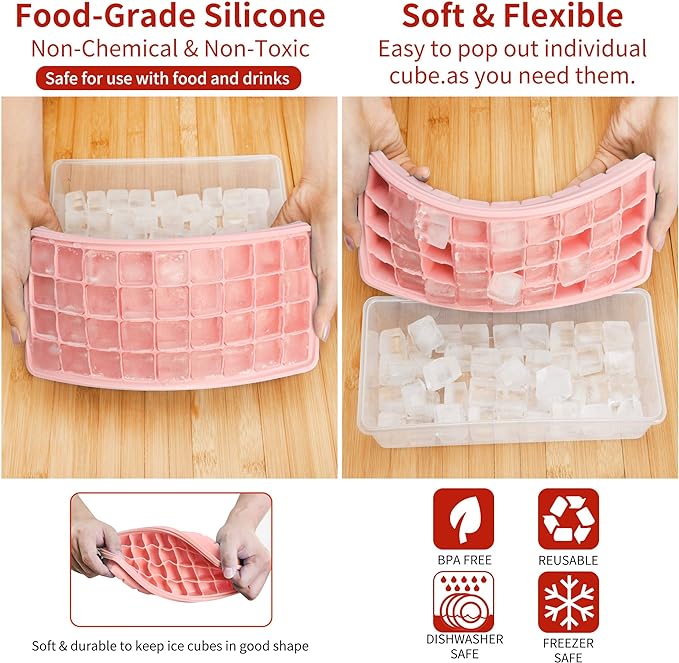 Silicone Ice Cube Tray with Leak-Proof Lid & Storage Bin for Freezer – BPA-Free 36-Piece Nugget Ice Molds, Spill-Resistant Cover & Ice Scoop Container Cover