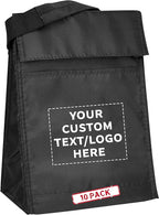 DISCOUNT PROMOS 10 Hook and Loop Insulated Lunch Bags Set - Customizable Text, Logo - Polyester, Durable, Vibrant, Reusable - Black