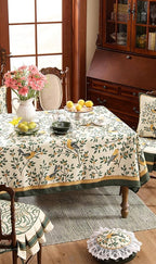 patdrea Designer French Table Cloth for Rectangle Table,Vintage Green Linen Birds and Leaves Pattern Tablecloths,Dacorative Cover Kitchen Dining,Christmas,Thanksgiving,Party,63"x102"-Warbler