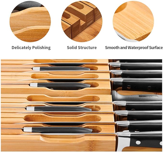VaeFae In-Drawer Knife Block,Bamboo Knife Drawer Organizer Insert, Kitchen Knife Drawer Storage for 16 Knives PLUS a Slot for your Knife Sharpener (Without Knives)