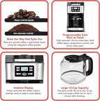 Gourmia Digital Coffee Machine 12Cup FullyAutomatic Large coffee maker integrated CoffeeGrinder,Pot,stainless steel mesh coffee filter 4Hr KeepWarm and Freshness Indicator GCM3180,Black and Silver