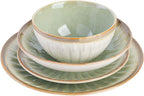 Gibson Elite Mayfair Bay 16-Piece Embossed Double Bowl Dinnerware Set, Service for 4 – Green Stoneware Plates and Bowls