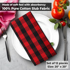 Urban Villa Cotton Dinner Napkins Set of 12, 20x20 Inche Soft Premium Cotton Napkins, Hotel Quality Highly Absorbent, Reusable & Washable Mitered Corner Table DinnerNapkins - (Red/Black, Checks)