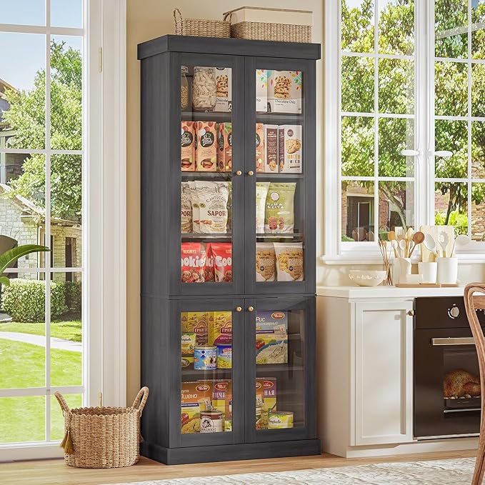 70.8" Bookshelf with Glass Doors, Farmhouse Modular Bookcase with 6-Tier Adjustable Shelves, Large Storage Cabinet for Living Room & Home Office, Black