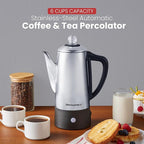 Elite Gourmet EC140 Electric 6-Cup Coffee Percolator with Keep Warm, Clear Brew Progress Knob Cool-Touch Handle Cord-less Serve, Stainless Steel