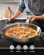 12 inch Tri-Ply Stainless Steel Frying Pan with LID,PFOA&PTFE Free Skillets,Chef's Pans,Dishwasher and Oven Safe Cookware, Works on Induction,Ceramic and Gas Cooktops