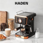 HADEN Barista Brew Espresso Coffee Machine, Stainless Steel Espresso Maker with Milk Frother and Steamer Function and 1.5L Water Tank, Black & Copper
