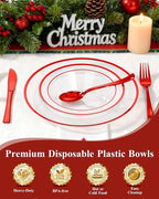 100 Pack clear Plastic Bowls with Red Rim, 12oz Disposable Soup Bowls, Heavy Duty Dessert Bowls for Christmas, Parties, Dinners, Catering, Thanksgiving
