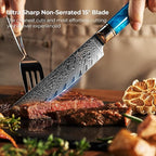 SENKEN Damascus Steak Knife Set - Tsunami Collection - 67-Layer Japanese VG10 Steel - Razor Sharp Non-Serrated Blades, Blue Resin & Natural Wood Pattern Handles, Luxury Gift Box (8 Steak Knife Set)