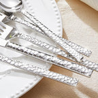 KINGSTONE 24 Piece Silverware Set with Steak Knives, Hammered Silverware Set for 4, 18/10 Stainless Steel Flatware, Cutlery Set for Home, Party, Wedding, Mirror Polished Dishwasher Safe