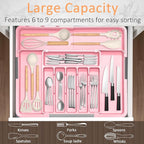 Silverware Organizer Expandable Kitchen Utensil Drawer Organizer Large BPA Free Adjustable Cutlery Silverware Tray for Spoons Forks Knives Storage Divider for Kitchen Flatware 6-9 Slots Pink